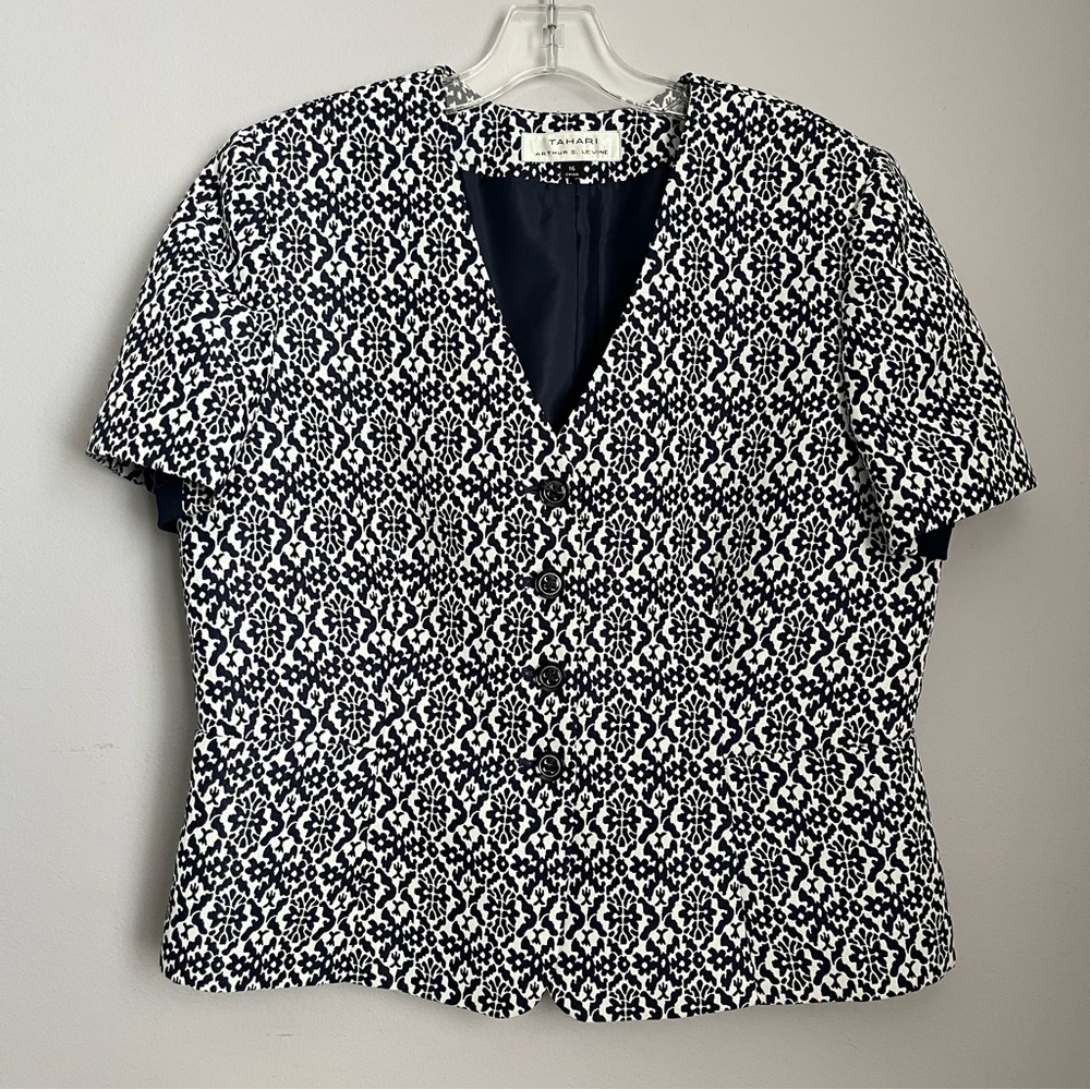 TAHARI ASL short sleeve women's brocade floral printed jacket navy white sz 16